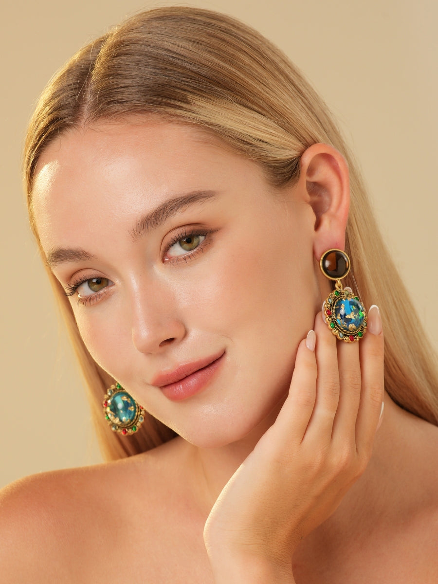 Foil Colored Glaze Gold Plated Drop Earrings