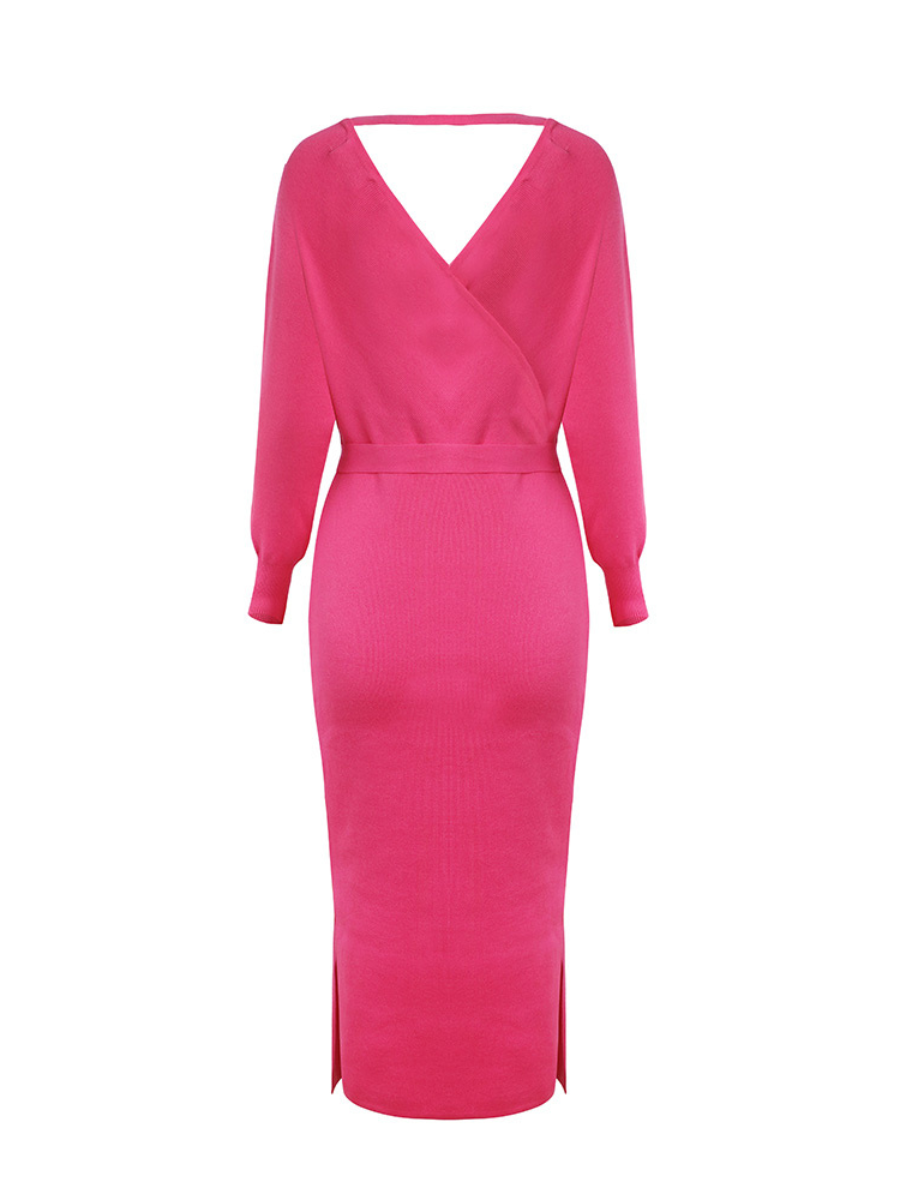 Lorene Tie Waist Midi Sweater Dress - Pink