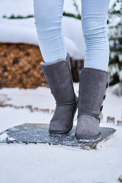 SMAIBULUN Ugg | Side Button Faux Fur-Lined Leather Suede Boots - grey