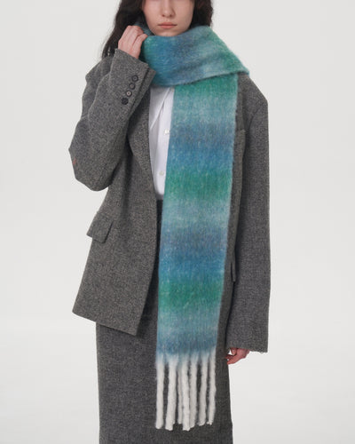 Mohair Gradient Wool Blend Tassel Blanket Scarf - Teal