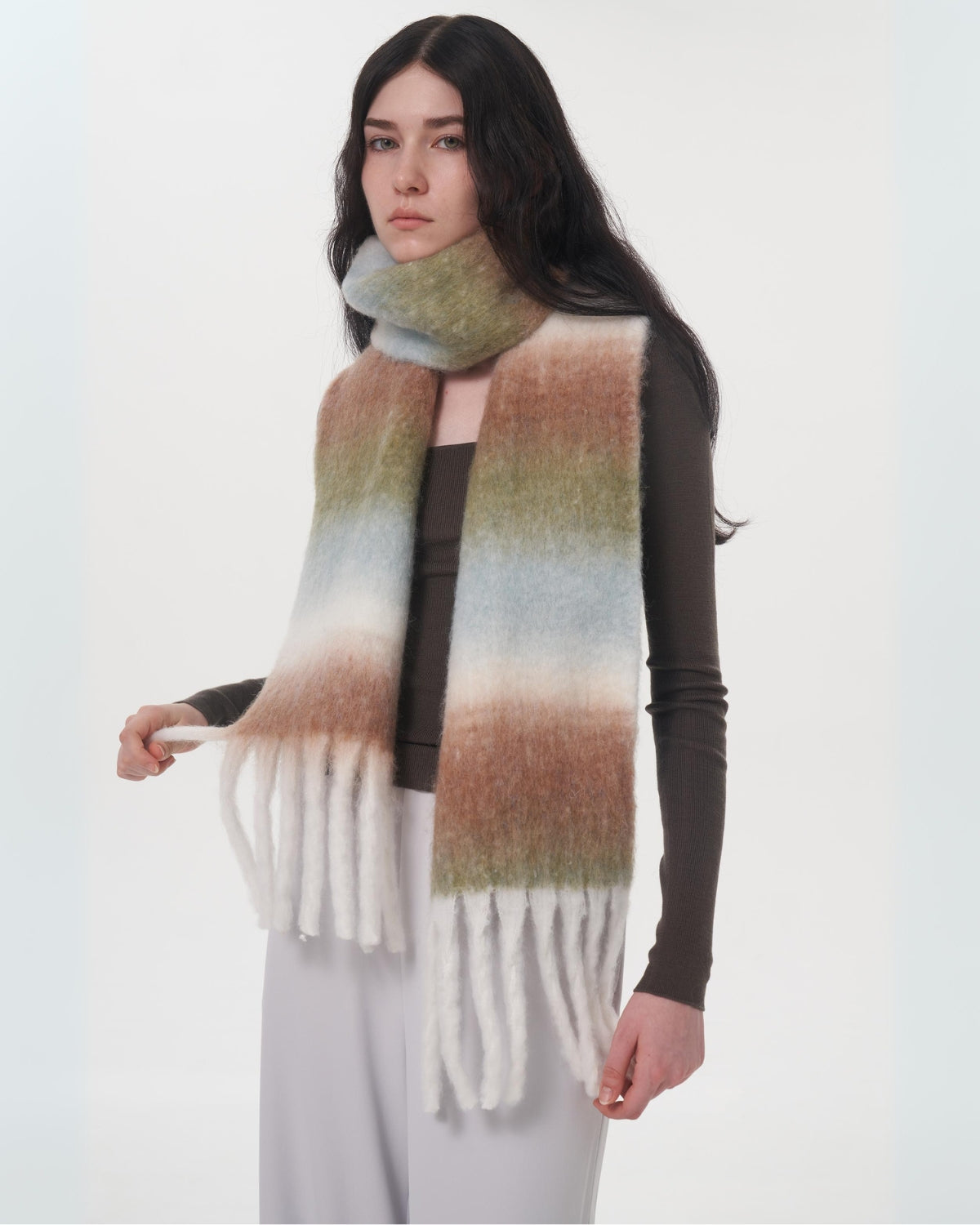 Mohair Gradient Wool Blend Tassel Blanket Scarf - Brown