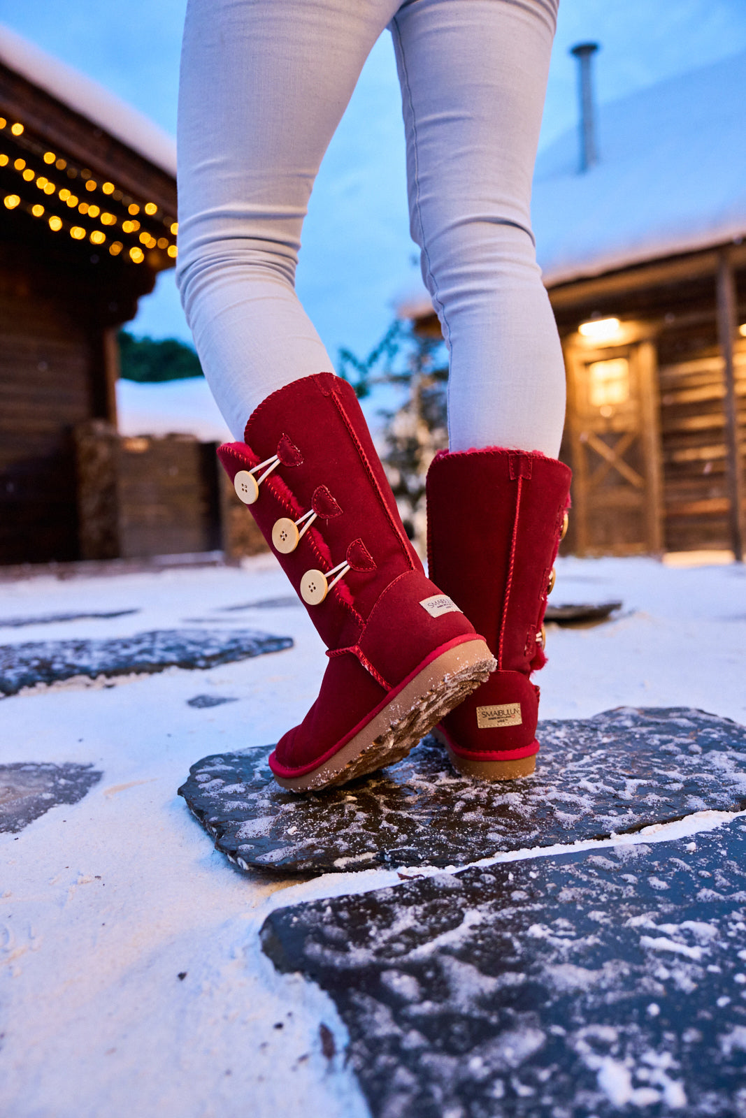 SMAIBULUN Ugg | Side Button Faux Fur-Lined Leather Suede Boots - red