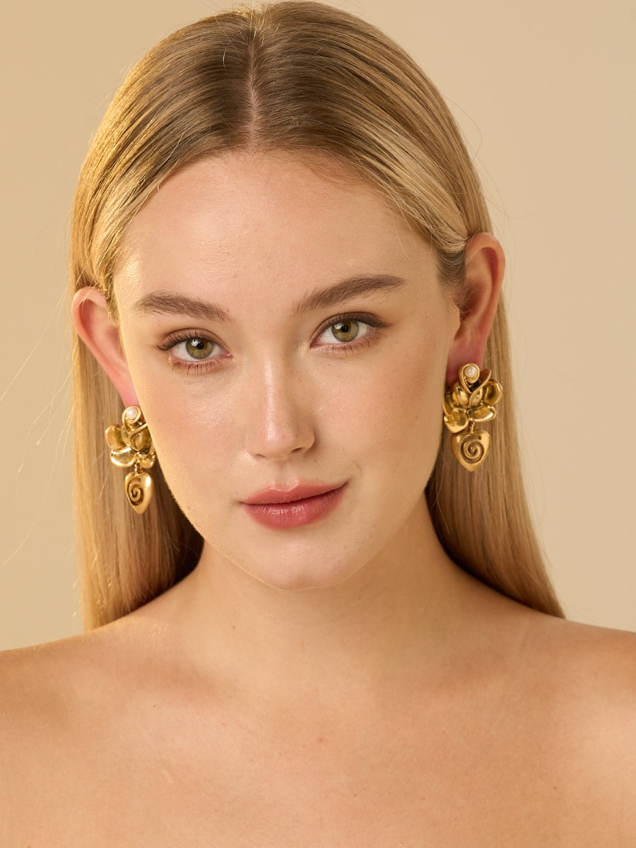 Heart Bloom Gold Plated Pearl Drop Earrings