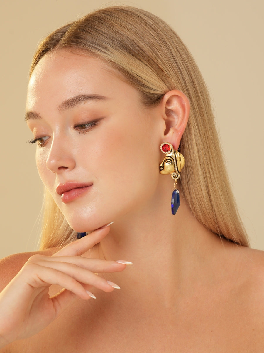 Maya Totem Avatar Gold Plated Sapphire Drop Earrings