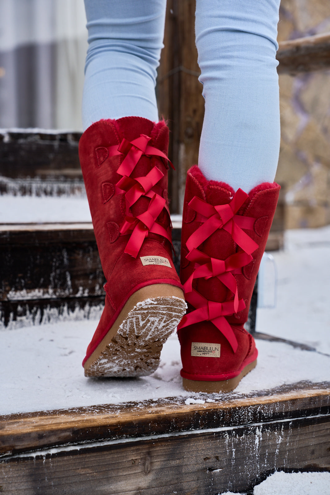 SMAIBULUN Ugg | Tri Ribbon Bow Suede Boots - Red