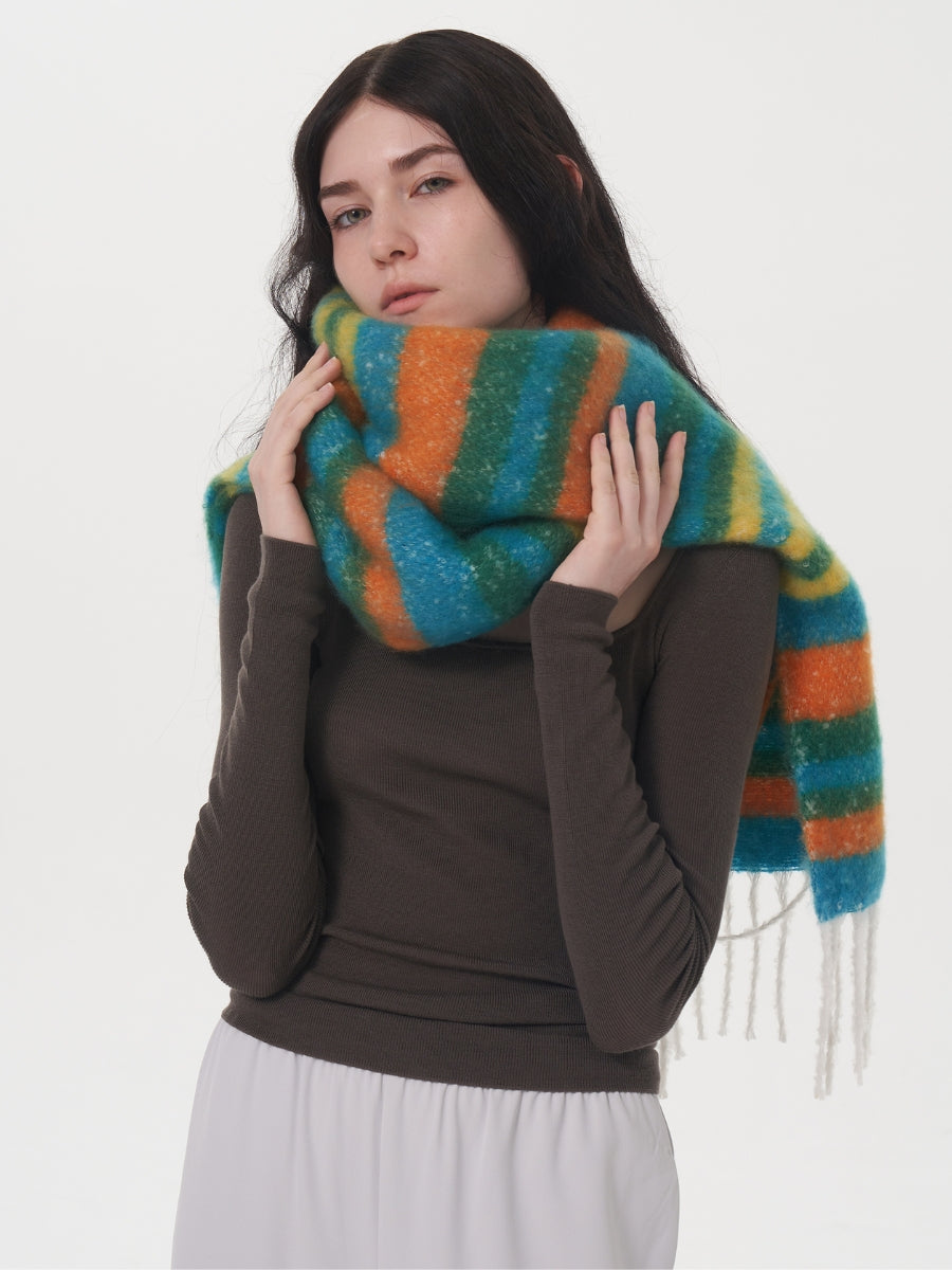 Dopamine Wool Blend Stripe Tassel Blanket Scarf - Green