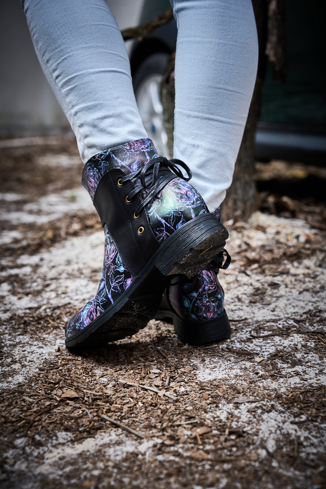 Soffia | Autumn Fields Floral Leather Ankle Booties - Black