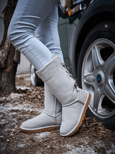 SMAIBULUN Ugg | Rhinestone Ribbon Tri-Tie Bow Suede Boots - pale