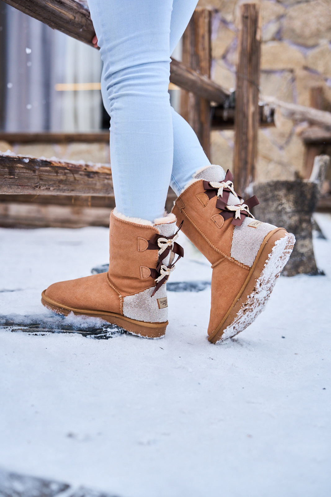 SMAIBULUN Ugg | Rhinestone Dual Bailey Bow Glam Ugg Boots - chestnut