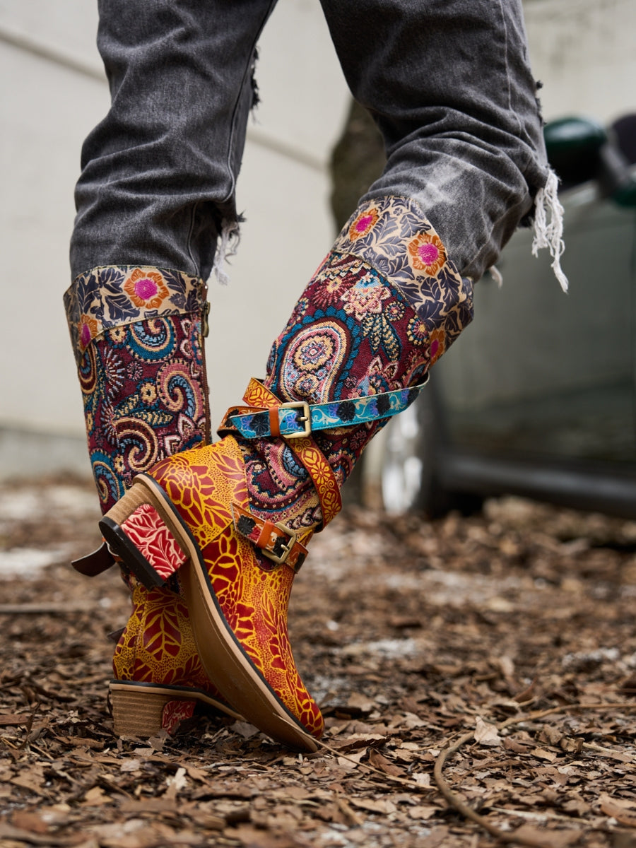 Soffia | Rheana Paisley Floral Jacquard Leather Knee-High Boots