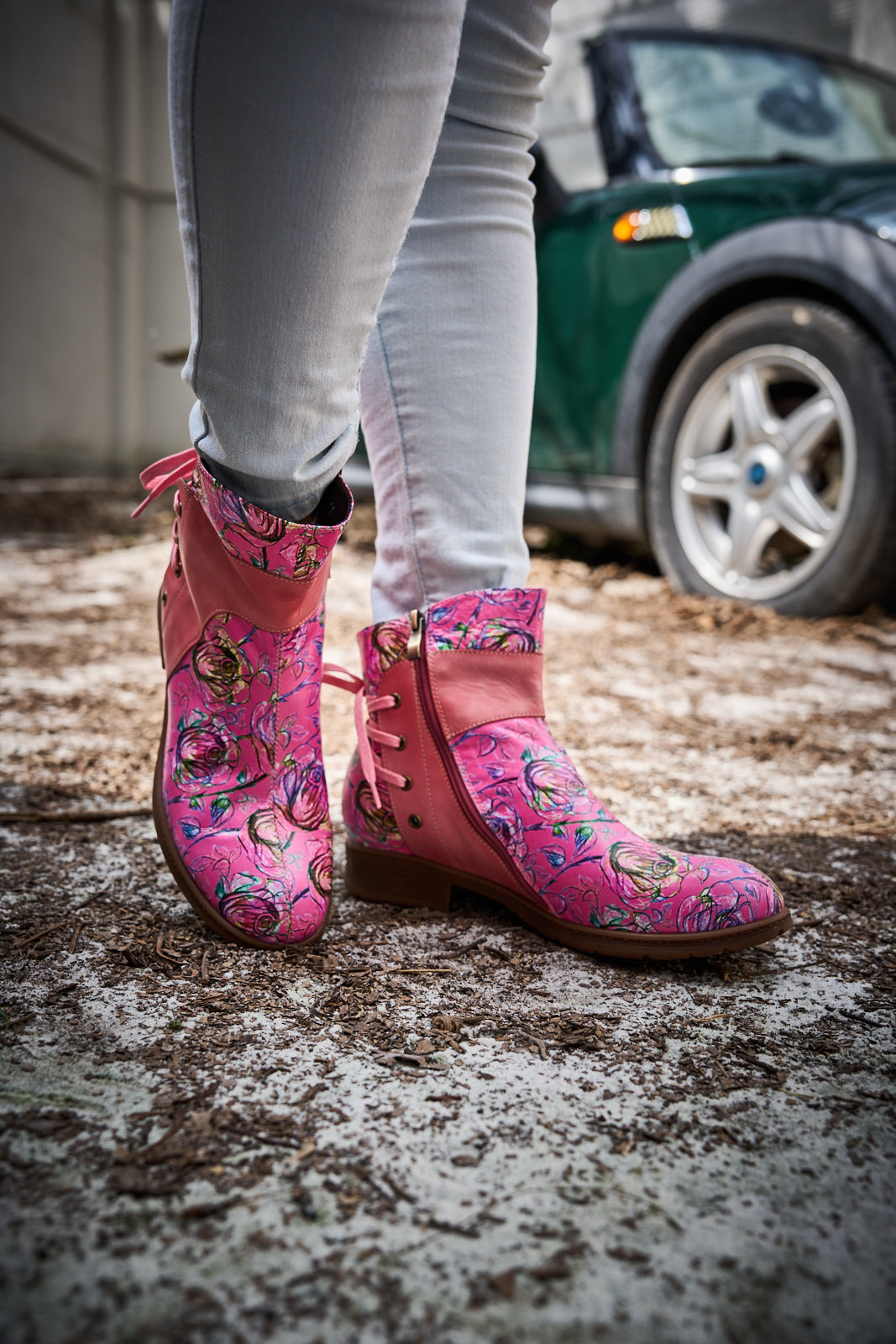 Soffia | Autumn Fields Floral Leather Ankle Booties - Pink