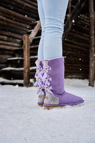 SMAIBULUN Ugg | Rhinestone Ribbon Tri-Tie Bow Suede Boots - lavender