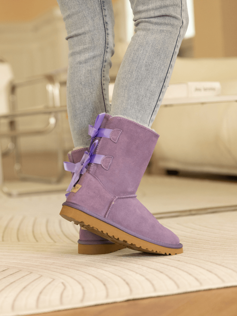 Smaibulun Ugg | Double Ballet Ribbon Bow Suede Shearling Boots - Laven ...