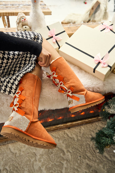 SMAIBULUN Ugg | Rhinestone Ribbon Tri-Tie Bow Suede Boots - tangerine