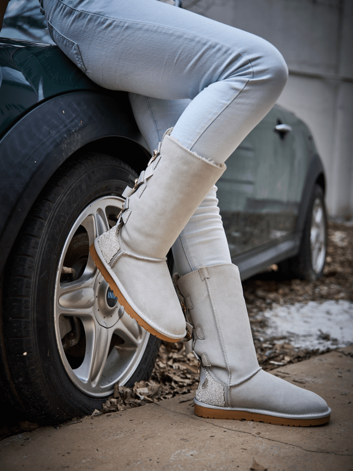 SMAIBULUN Ugg | Rhinestone Ribbon Tri-Tie Bow Suede Boots - pale