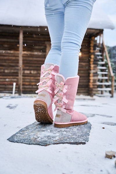 SMAIBULUN Ugg | Rhinestone Ribbon Tri-Tie Bow Suede Boots - Pink