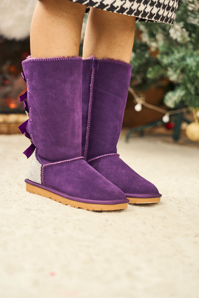 SMAIBULUN Ugg | Rhinestone Ribbon Tri-Tie Bow Suede Boots - violet