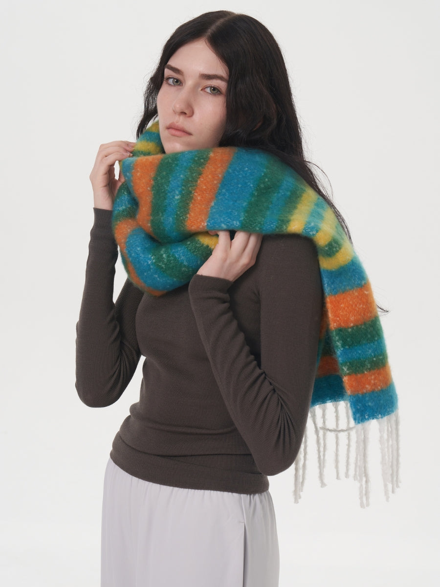 Dopamine Wool Blend Stripe Tassel Blanket Scarf - Green