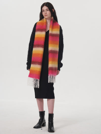 Dopamine Wool Blend Stripe Tassel Blanket Scarf - Orange