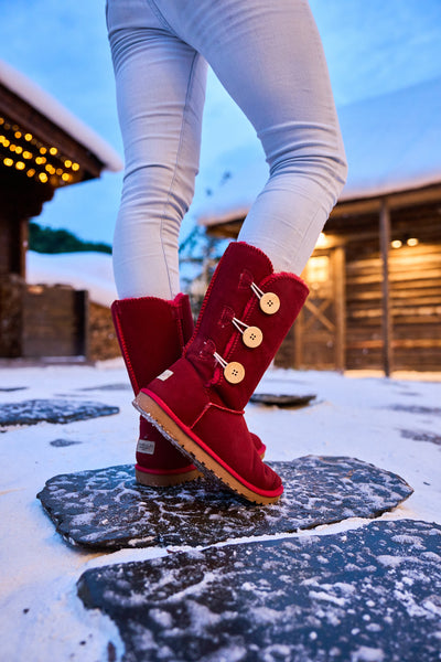 SMAIBULUN Ugg | Side Button Faux Fur-Lined Leather Suede Boots - red