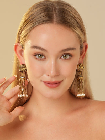 Golden Gatherings Tassel Chain Pearl Earrings