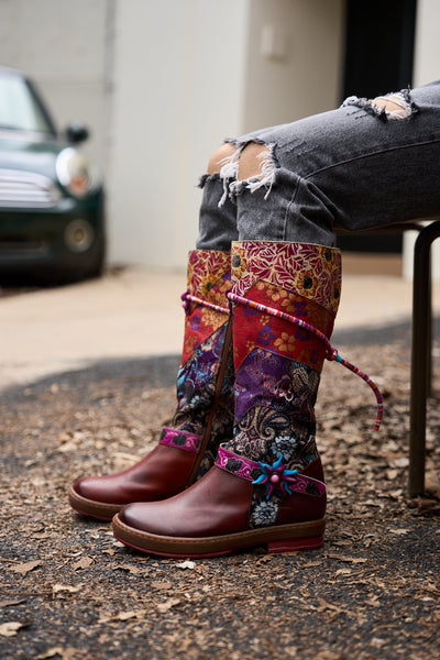 Soffia | Daylen Floral Embroidery Leather Knee-High Boots