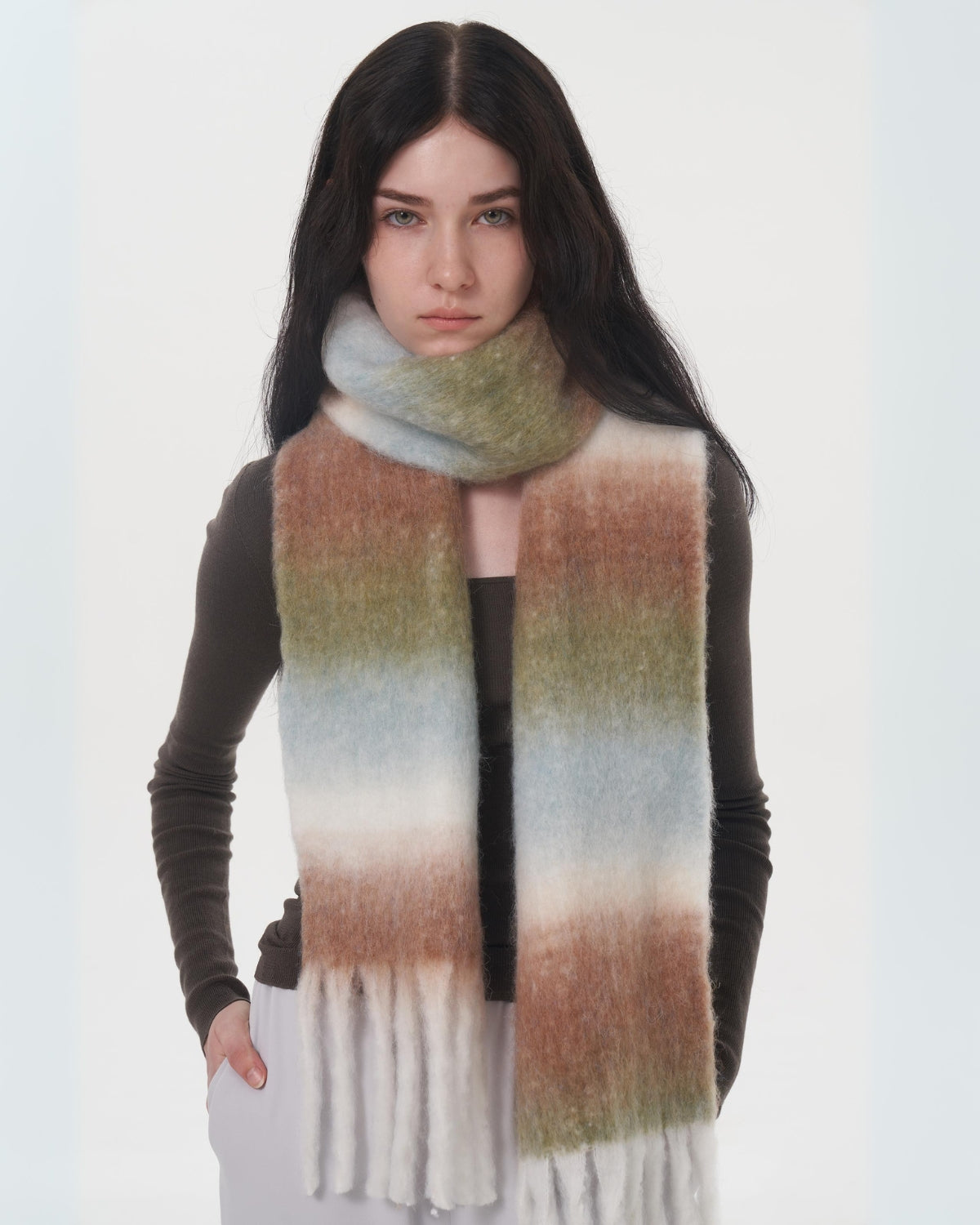 Mohair Gradient Wool Blend Tassel Blanket Scarf - Brown