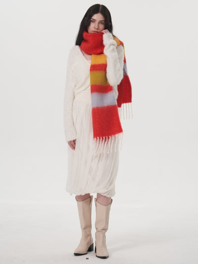 Dopamine Wool Blend Stripe Tassel Blanket Scarf - Red