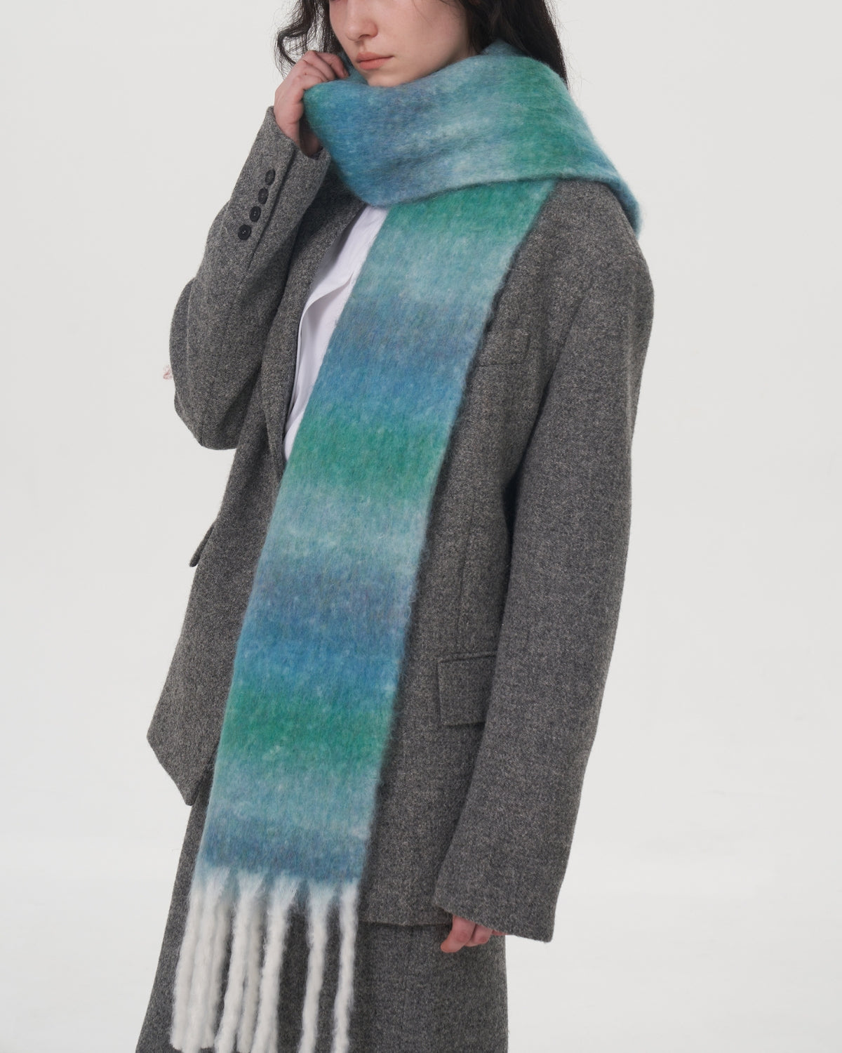 Mohair Gradient Wool Blend Tassel Blanket Scarf - Teal