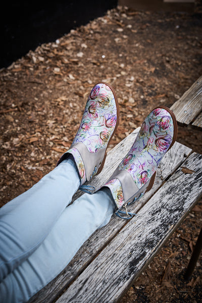 Soffia | Autumn Fields Floral Leather Ankle Booties - Grey