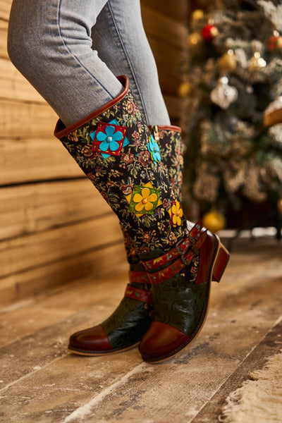 Soffia | Falling Petals Floral Knee-High Leather Boots