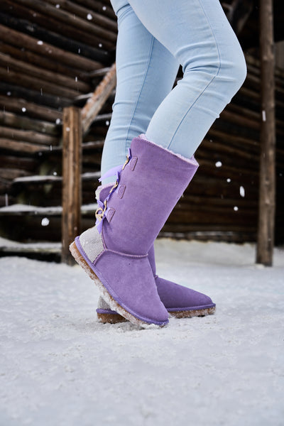 SMAIBULUN Ugg | Rhinestone Ribbon Tri-Tie Bow Suede Boots - lavender