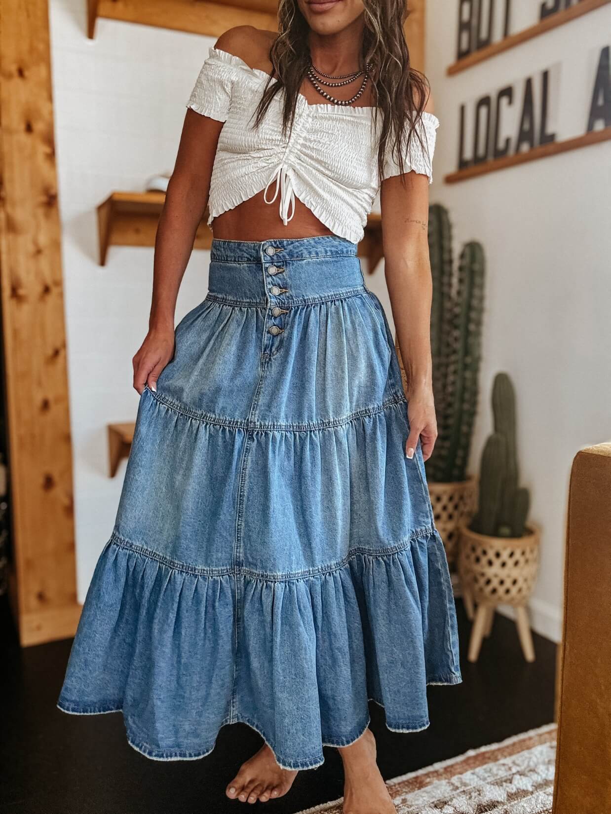 Cactus Rose Love Pleated Denim Maxi Skirt