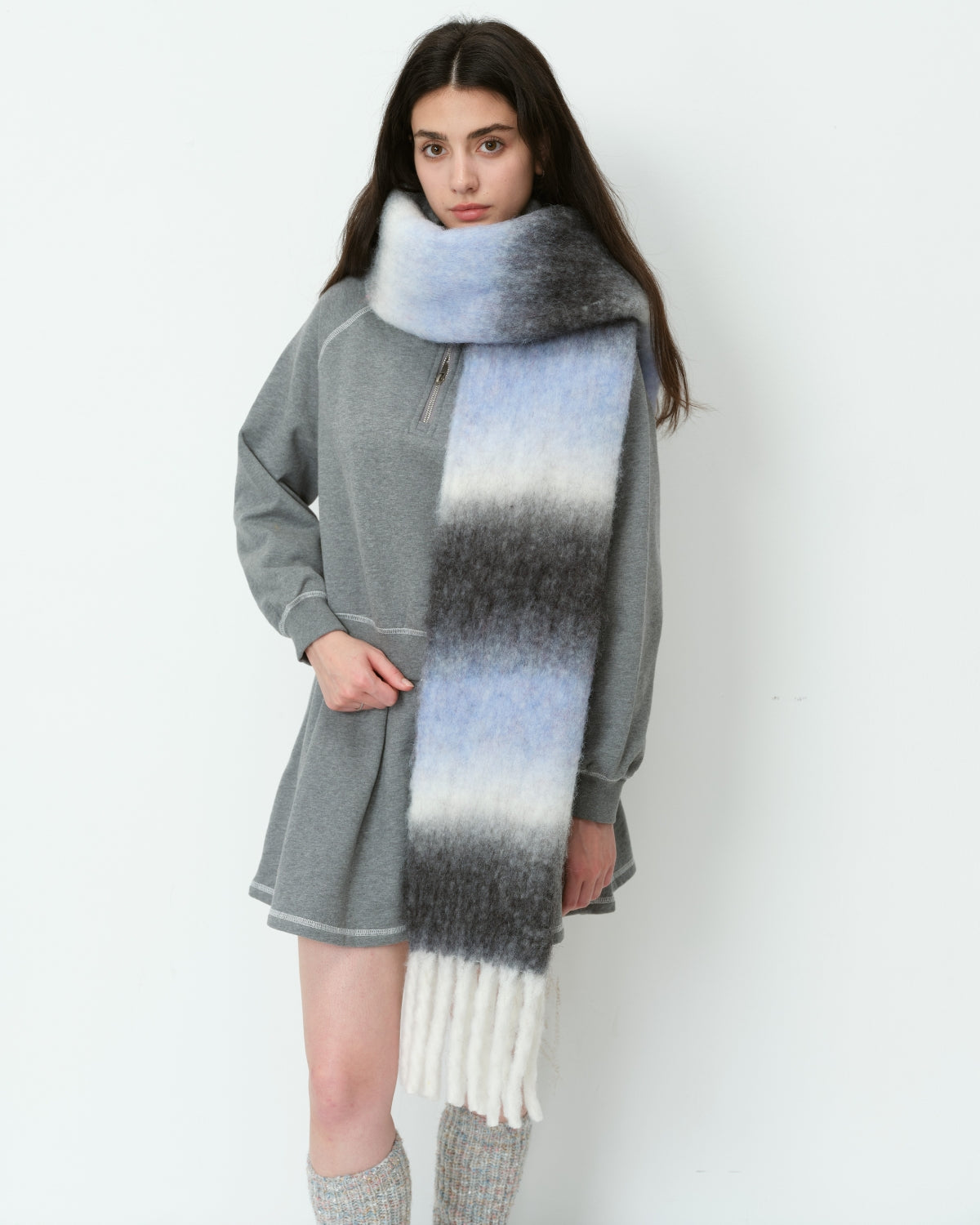 Mohair Gradient Wool Blend Tassel Blanket Scarf - Grey