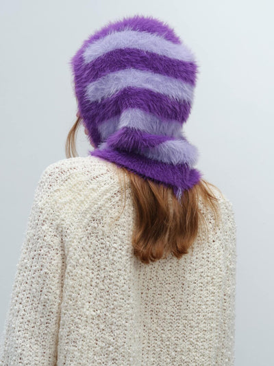 French Style Faux Mink Fur Balaclava Knit Hat - purple