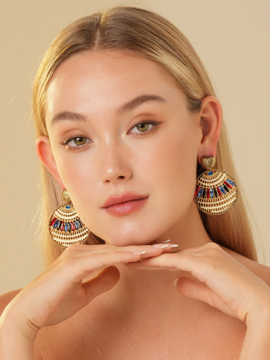 Bohemia Relief Gold Plated Rhinestone Hoop Earrings