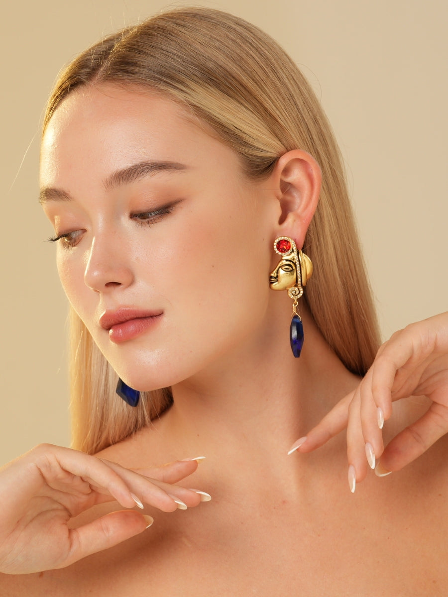 Maya Totem Avatar Gold Plated Sapphire Drop Earrings