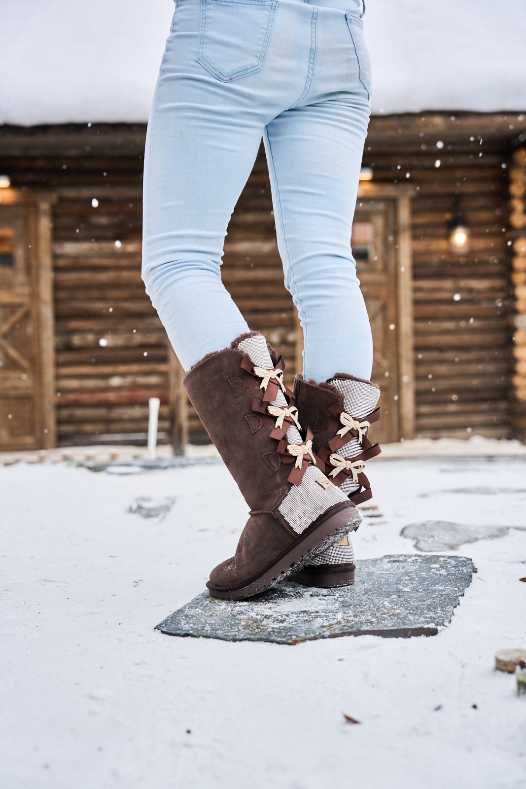 SMAIBULUN Ugg | Rhinestone Ribbon Tri-Tie Bow Suede Boots - brown