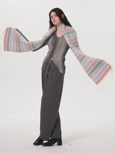 Dopamine Wool Blend Stripe Tassel Blanket Scarf - Pink