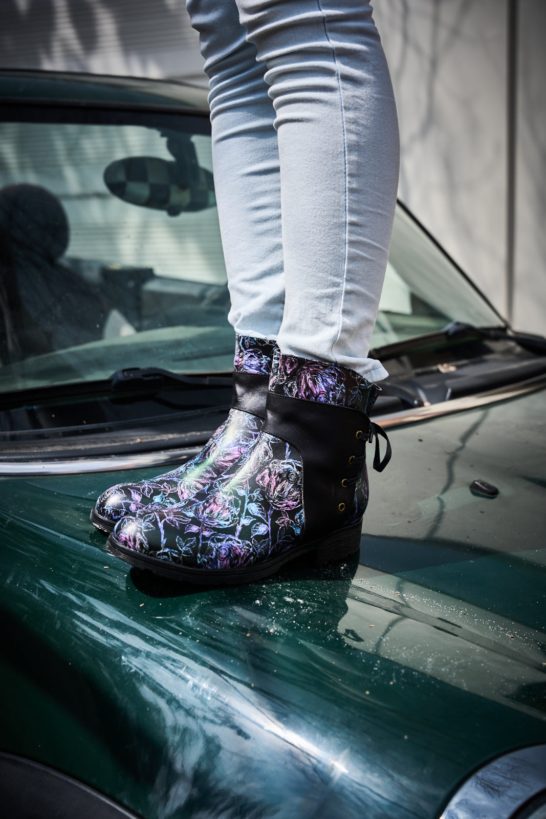 Soffia | Autumn Fields Floral Leather Ankle Booties - Black