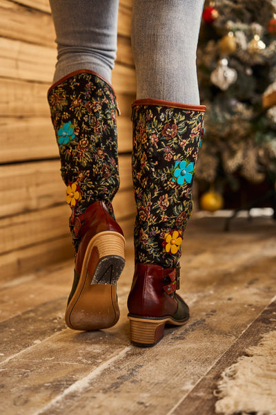 Soffia | Falling Petals Floral Knee-High Leather Boots