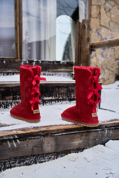 SMAIBULUN Ugg | Tri Ribbon Bow Suede Boots - Red