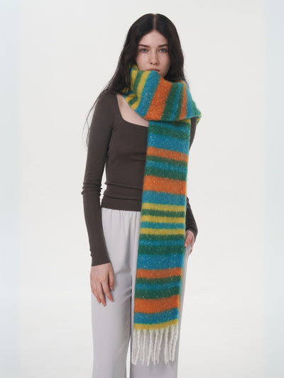 Dopamine Wool Blend Stripe Tassel Blanket Scarf - Green