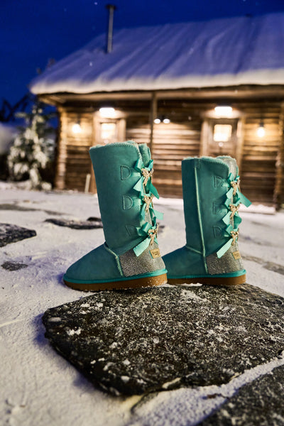 SMAIBULUN Ugg | Rhinestone Ribbon Tri-Tie Bow Suede Boots - turquoise