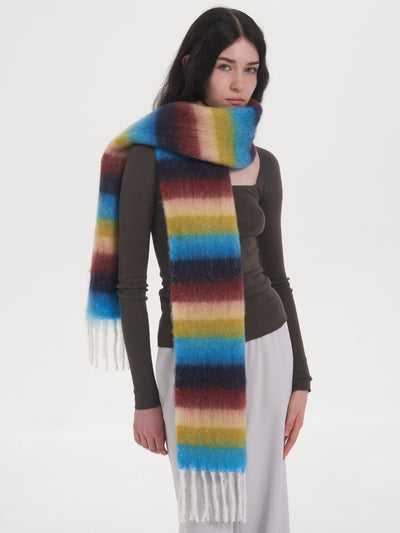 Dopamine Wool Blend Stripe Tassel Blanket Scarf - Blue