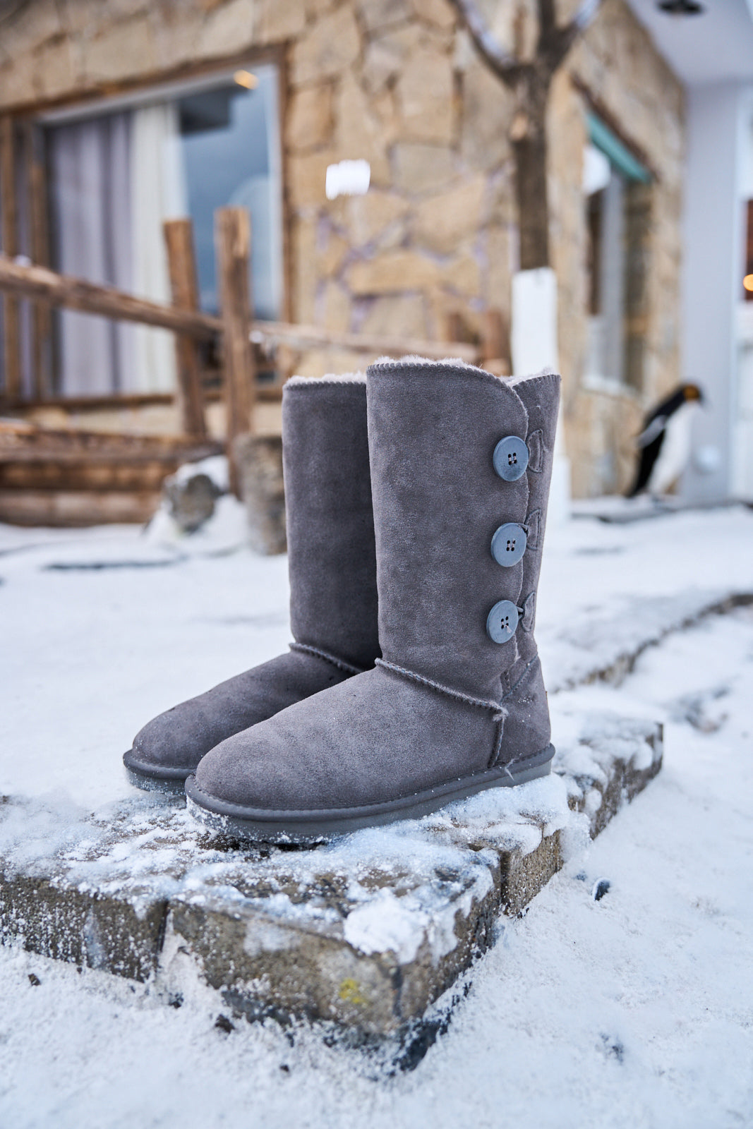 SMAIBULUN Ugg | Side Button Faux Fur-Lined Leather Suede Boots - grey