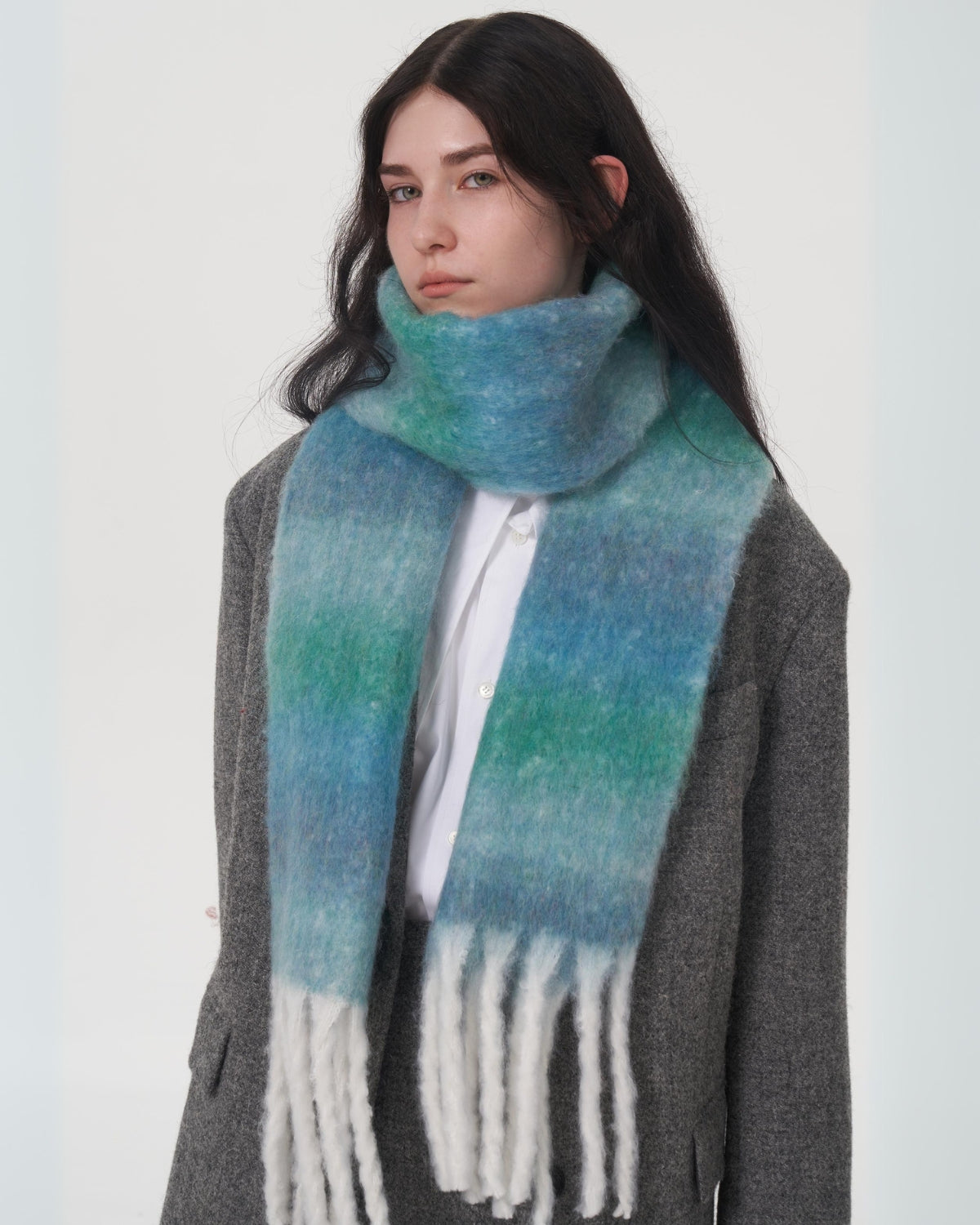 Mohair Gradient Wool Blend Tassel Blanket Scarf - Teal