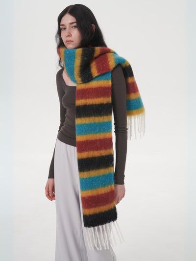 Dopamine Wool Blend Stripe Tassel Blanket Scarf - Black