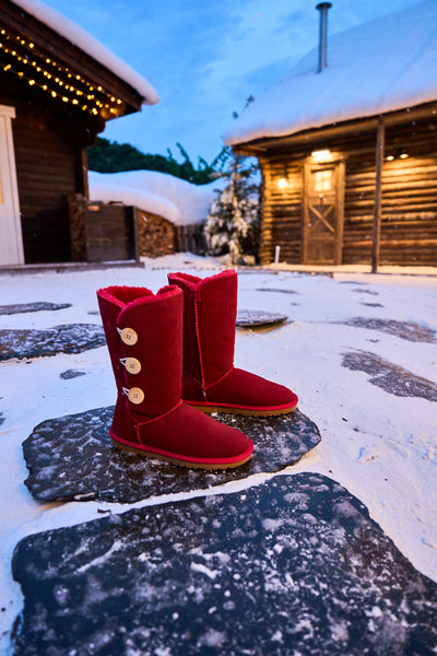 SMAIBULUN Ugg | Side Button Faux Fur-Lined Leather Suede Boots - red