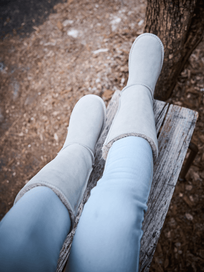 SMAIBULUN Ugg | Rhinestone Ribbon Tri-Tie Bow Suede Boots - pale